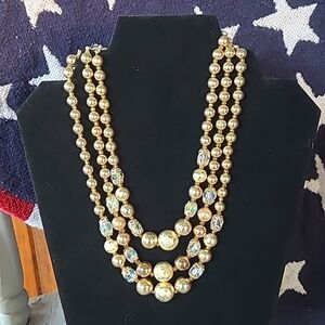 Vintage Gold Bead Iridescent Crystal  Triple Strand Necklace